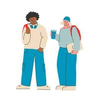 Jeune homme et femme dans moderne décontractée vêtements avec une sac à dos, portable et écouteurs. Université élèves ou haute école étudiants. retour à école. vecteur