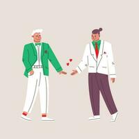 mariage de deux Hommes. beau, mignonne personnages, en portant mains. jeune marié dans costume, lgbt mariage. vectoriel isolé illustration.