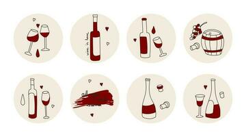 points forts couvertures, des postes et histoires pour social médias. rond Icônes de rouge du vin du vin bouteille, du vin lunettes, du vin baril, un tire-bouchon. vecteur plat mignonne des illustrations pour du vin magasin ou vignoble.