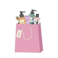 cosmétique vente achats sac plat vecteur illustration. beauté et peau se soucier des produits dans paquet sur blanc Contexte. promotion bannière, affiche, remises.