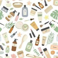 sans couture modèle avec biologique produits de beauté, crème, lotion, shampooing, essentiel huile, se maquiller. peau et cheveux se soucier des produits et tropical feuilles plat vecteur illustration sur blanc Contexte