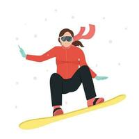 une fille snowboarder monte une snowboard. tremplin saut. hiver activités. sports d'hiver. extrême sport. vecteur