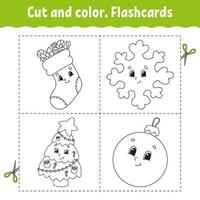 coupe et couleur. jeu de flashcards. livre de coloriage pour les enfants. personnage de dessin animé mignon. silhouette de contour noir. thème de noël. isolé sur fond blanc. vecteur