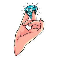 diamant à la main, pierre précieuse à la main. analyse de pierre. style de bande dessinée. vecteur