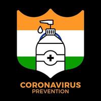 désinfectant prévention du coronavirus en Inde. drapeau de l'Inde avec le symbole du virus corona, covid 2019, illustration vectorielle. vecteur