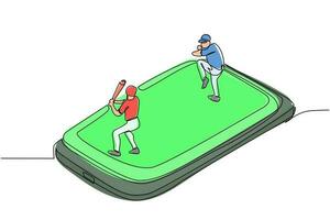 terrain de baseball dessinant une ligne continue avec deux joueurs sur l'écran du smartphone. jeux de base-ball en ligne. applications pour smartphones. base-ball mobile. illustration graphique vectorielle de conception de dessin à une seule ligne vecteur