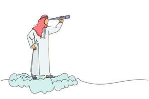 dessin en ligne continue unique homme d'affaires arabe chevauchant un haut nuage tenant un télescope ou des jumelles pour rechercher un visionnaire d'entreprise. vision du leadership pour voir la stratégie de l'entreprise. vecteur de conception d'une ligne
