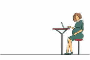 une ligne continue dessinant une femme enceinte assise dans un café et utilisant un ordinateur portable. concept de travail indépendant. vue de côté. thème du travail en tant que pigiste pendant la grossesse. graphique vectoriel de conception de dessin à une seule ligne