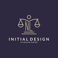 nl initiales combiné avec le Balance de Justice icône, conception inspiration pour loi les entreprises dans une moderne et luxueux style vecteur
