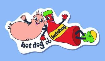 chaud chien et ketchup. rétro nourriture illustration avec caractères. vecteur
