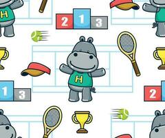 sans couture modèle vecteur de marrant hippopotame dessin animé avec tribunal tennis sport éléments