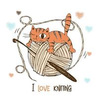 un chat sur une pelote de laine. logo au crochet.
