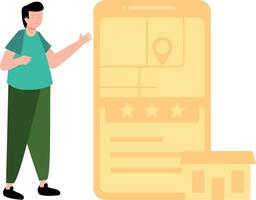 le garçon est à la recherche à le emplacement de le maison sur le mobile. vecteur