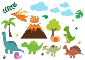 Illustration de personnages de dessins animés de dinosaures mignons comme spinosaurus, parasaurolophus, stégosaure, tyrannosaure, ptérodactyle et diplodocus vecteur