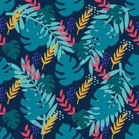 plantes tropicales sur fond bleu foncé. feuilles de monstera, palmiers. modèle sans couture de vecteur dans un style plat