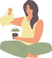femme arrosage une plante dans une pot. plat vecteur illustration isolé sur blanc Contexte.
