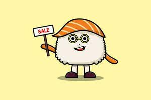 personnage de sushi de dessin animé mignon tenant une pancarte de vente vecteur