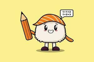 étudiant intelligent de dessin animé mignon sushi avec un crayon vecteur