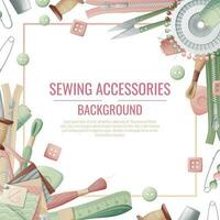 Cadre avec couture accessoires. vecteur modèle avec tiré coloré des illustrations de couture outils et fournitures. affiche, bannière pour une couture magasin ou studio