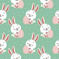 sans couture modèle, mignonne Pâques lapins avec des œufs sur une polka point Contexte. enfants imprimer, arrière-plan, textile, vecteur
