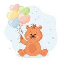 mignonne dessin animé nounours ours avec cœur en forme de des ballons. bébé illustration, salutation carte, vecteur