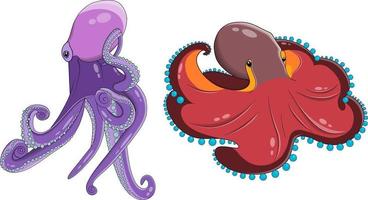 vector deux poulpes en style cartoon dans des couleurs violettes et rouges.