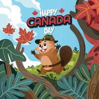 Heureux castor célébrant la fête du Canada en courant dans une prairie vecteur