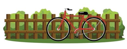 dessin vectoriel coloré d'une clôture en bois isolée sur fond blanc. buissons verts et un vélo rouge.