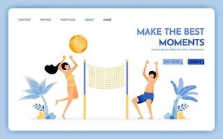 site Web de voyage avec le thème de faire le meilleur moment en vacances, couple profitant de vacances en jouant au beach-volley, la conception de vecteur peut être utilisé pour des affiches, des bannières publicitaires