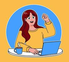 femme travail sur une ordinateur portable, travail sur exécution Nouveau des idées à travail, une tasse de chaud café vecteur