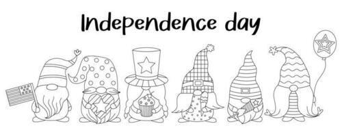 ensemble mignonne gnomes avec 4e juillet fête éléments pour américain indépendance journée. griffonnage dessin animé style. main tiré contour. vecteur