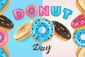 Donut journée vacances. chocolat, la fraise et vanille Donut 3d vecteur illustration adapté pour événement, publicité, bannière, affiche et conception élément