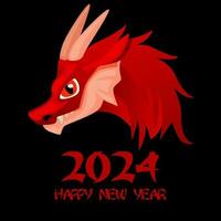 chinois content Nouveau année 2024 , mignonne dragon. salutation carte avec rouge dragon sur noir Contexte vecteur