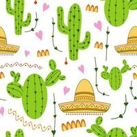 sans couture modèle avec cactus, mexicain sombrero dans vert, jaune, rose et blanc couleurs marrant la nature Contexte mexicain conception. mignonne fond d'écran, couverture, envelopper, textile, tissu, paquet vecteur illustration