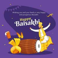 content baisakhi salutation carte avec punjabi homme Faire bhangra danse, turban, dhol, blé oreille et verre de lassi sur violet Contexte. vecteur