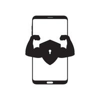 intelligent téléphone logo conception. mobile vecteur illustration avec biceps et fort Sécurité icône.