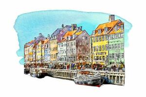 architecture Copenhague Danemark aquarelle main tiré illustration isolé sur blanc Contexte vecteur