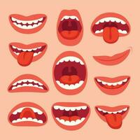 dessin animé bouche éléments collection. spectacle langue, sourire avec dents, expressif émotions, souriant bouches et phonèmes vecteur ensemble