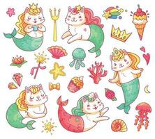 Sirène minou chat dessin animé personnages. sous-marin chats sirènes vecteur ensemble