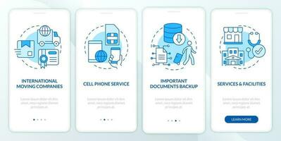 préparer à vivre à l'étranger bleu l'intégration mobile app filtrer. immigration procédure pas à pas 4 pas modifiable graphique instructions avec linéaire concepts. interface utilisateur, ux, gui modèle vecteur