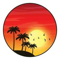 été vacances sur tropical plage le coucher du soleil étiqueter, avec paume des arbres, vecteur illustration