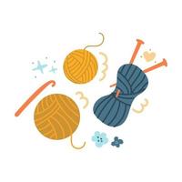 aiguilles à tricoter fil dessiné à la main et crochet crochet plat illustration diy concept vecteur