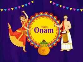 Créatif affiche ou bannière conception avec illustration de femme classique Danse pose et le batteur homme pour content onam fête concept. vecteur