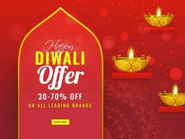La publicité bannière ou affiche conception avec illuminé d'or pétrole lampe et remise offre pour content diwali vente. vecteur