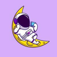 mignonne astronaute en jouant téléphone sur lune dessin animé vecteur Icônes illustration. plat dessin animé concept. adapté pour tout Créatif projet.