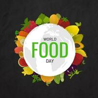monde nourriture journée affiche ou modèle conception décoré avec des fruits et légume sur noir Contexte. vecteur