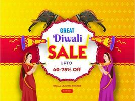 diwali vente bannière ou affiche conception avec remise offre, l'éléphant personnage et femmes en portant assiette de pétrole lampe sur Jaune Contexte pour annonce concept. vecteur