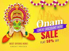 onam vente bannière ou affiche conception avec remise offre et illustration de Kathakali Danseur sur Jaune floral modèle Contexte. vecteur