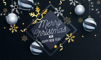 joyeux Noël et content Nouveau année texte avec pendaison boules, flocons de neige et éclairage guirlande décoré sur gris Contexte. vecteur