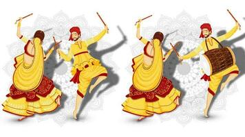 ensemble de homme et femme dansant dans Dandiya pose, le batteur en jouant tambour sur blanc mandala floral Contexte pour Festival fête concept. vecteur